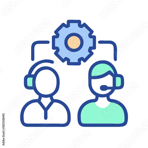 Customer service team connected by gear icon for technical support solutions