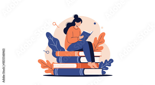 Stylized illustration of a woman with her hair in a bun sitting comfortably on a large stack of books and reading intently.