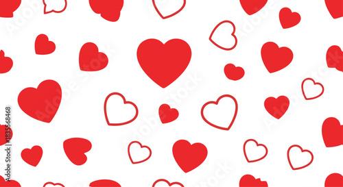 Simple and romantic seamless pattern of scattered red hearts, both solid and outlined, on a clean and bright white background.