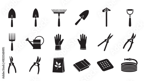 Set of gardening tools icons simple black glyph vector design isolated on a white background for web and mobile app design
