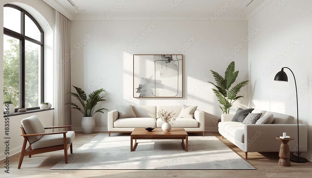 Fototapeta premium Contemporary living room interior design with modern furniture, comfortable sofa, fireplace, and window view