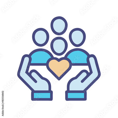 Community care symbol illustration with hands and a heart in a flat style