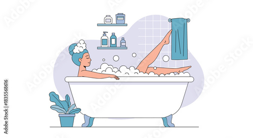 Relaxed woman with her hair in a bun enjoying a luxurious bubble bath in a modern bathtub, surrounded by toiletries and a plant.