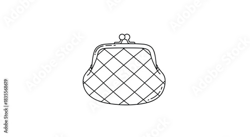 Simple black and white line art illustration of a retro-style coin purse with a clasp and a quilted diamond pattern design.