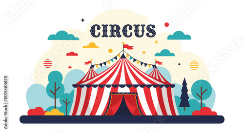 Colorful flat illustration of a classic red and white striped circus tent set in a stylized landscape with trees and clouds.