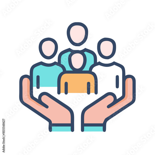 Hands cradling a group of people, representing support, teamwork and community care
