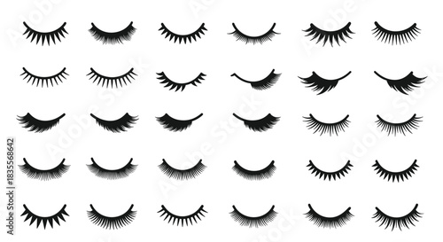Extensive collection of black silhouette eyelash icons showing a wide variety of styles, from natural and simple to long and dramatic.