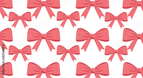 Fun and feminine seamless pattern of bright pink bows in two different sizes, scattered across a simple and clean white background.