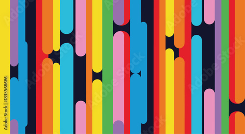 Colorful abstract background featuring vertical rounded stripes in a vibrant rainbow palette against a dark contrasting backdrop for modern design.