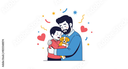 Touching illustration of a loving father and son sharing a warm hug while holding a cute puppy, celebrating family bonds and Father's Day.