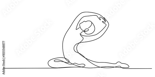 Continuous line art drawing of a person in a yoga pose, demonstrating flexibility, balance, and mindful well-being practice Vector, illustration