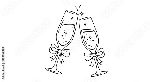 Simple and elegant line art illustration of two clinking champagne glasses decorated with bows, symbolizing a toast for celebration and special occasions.