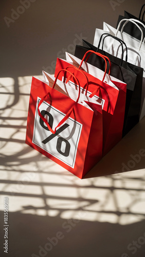 Black and red shopping bags in gradient row on light surface showcasing retail elegance and visual impact