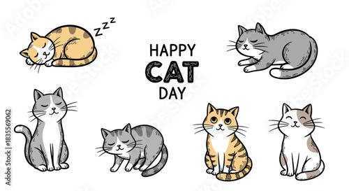 Adorable Happy Cat Day greeting featuring a collection of seven cute, hand-drawn cartoon cats and kittens in various playful and sleepy poses.