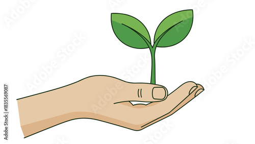 Illustration of a hand holding a small green plant  