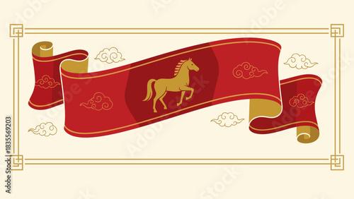 Illustration of a decorative red ribbon with a horse and cloud motifs on a light background