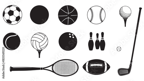 Collection of sport balls and equipment icons simple flat vector design elements for web and mobile apps isolated on white background