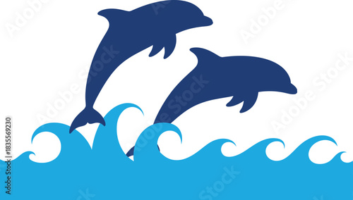 Two silhouetted dolphins leaping joyfully above vibrant blue ocean waves under a clear sky symbolizing freedom and the ocean isolated on white background