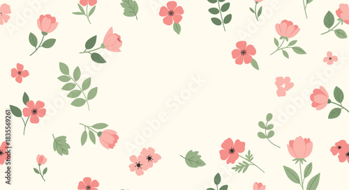 Delicate floral background with scattered pink flowers and green leaves forming a frame around a central blank space, perfect for invitations or greetings.