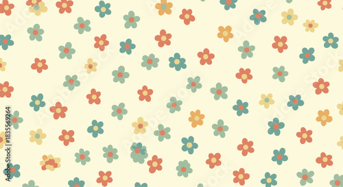 Charming seamless pattern with small, simple retro flowers in a ditsy print style, featuring a muted color palette for a vintage and nostalgic feel.