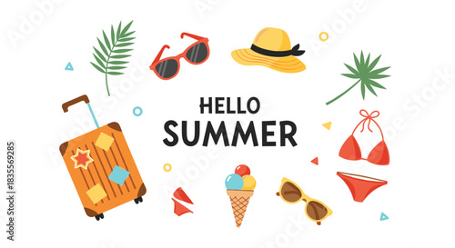 Joyful Hello Summer greeting surrounded by a collection of travel and beach essentials, including a suitcase, sunglasses, bikini, and tropical leaves.