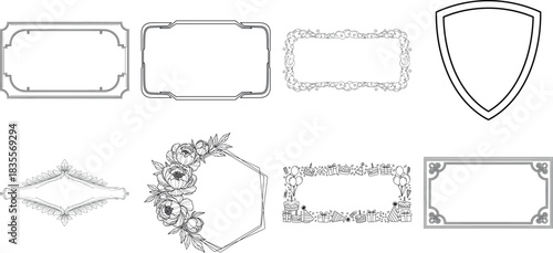 Collection of decorative vector frames and borders in black and white isolated on transparent background