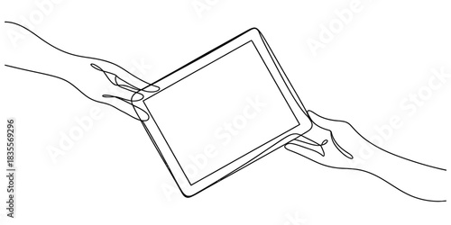 Continuous line art of two hands exchanging a digital tablet, representing data transfer, modern communication, and technology exchange concept. Vector, illustration