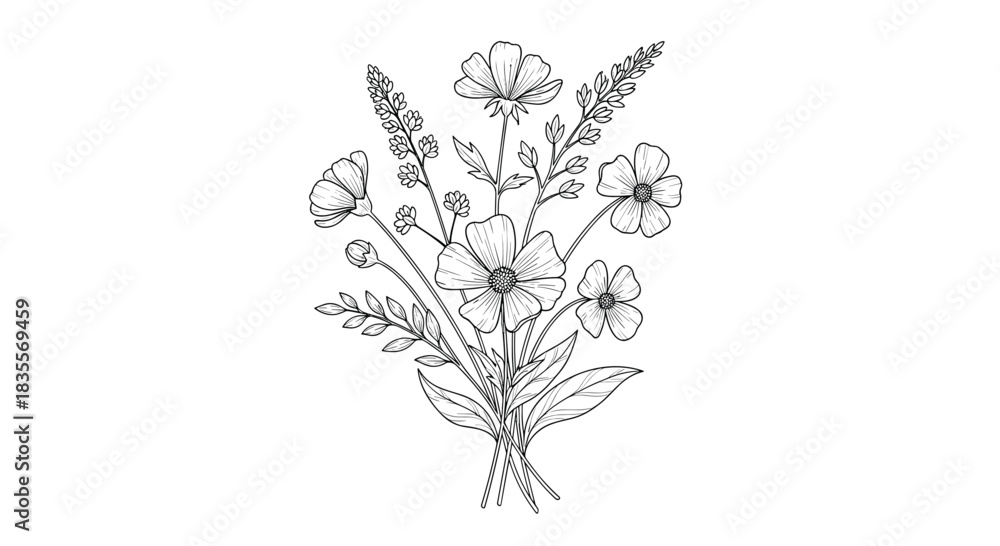 Obraz premium Beautiful hand-drawn bouquet of delicate wildflowers, elegantly arranged and rendered in a detailed black and white line art style for a timeless look.