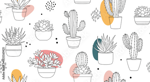 Modern seamless pattern featuring line art cacti and succulents in pots, accented with abstract colorful shapes and dots for a trendy, minimalist design.
