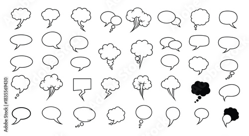 Extensive set of hand-drawn comic speech bubbles in various shapes and styles, providing a perfect toolkit for dialogue and thoughts in illustrations.
