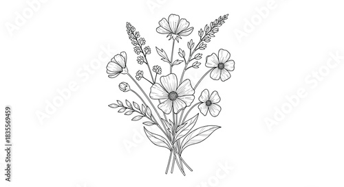 Beautiful hand-drawn bouquet of delicate wildflowers, elegantly arranged and rendered in a detailed black and white line art style for a timeless look.