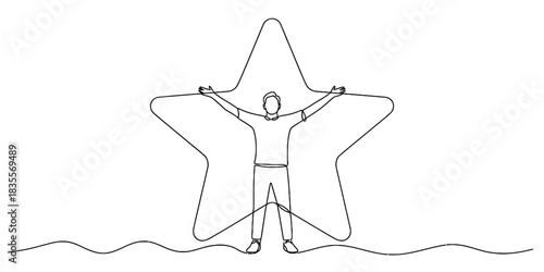 Continuous line drawing of a person celebrating achievement with outstretched arms inside a star shape, symbolizing excellence and success Vector, illustration