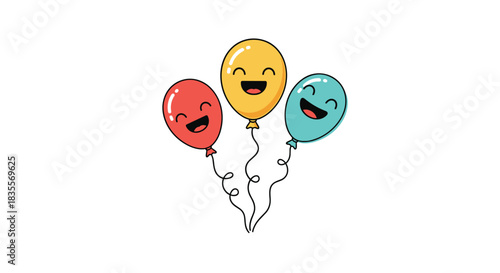 Whimsical illustration of three colorful cartoon balloons with adorable smiling faces and curly strings, perfect for birthday cards and party invitations.
