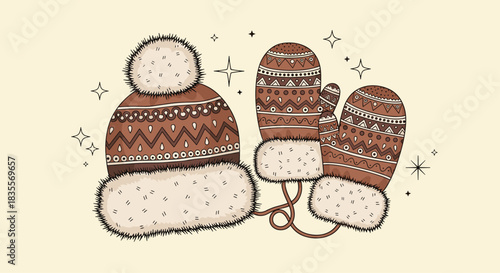 Cozy hand-drawn illustration of a matching winter beanie and mittens set, decorated with intricate folk patterns and fluffy fur trim for a warm feel.