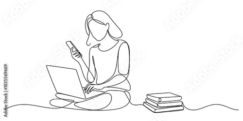 Continuous line drawing of a young woman working on laptop and smartphone, depicting remote work, distance learning, and modern digital lifestyle concepts. Vector, illustration