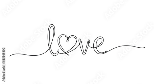 Romantic 'love' word written in a single continuous black line with a heart forming the letter 'o', symbolizing eternal love and connection.