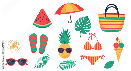 Cheerful collection of colorful summer vacation essentials, including a bikini, sunglasses, pineapple, and watermelon, for fun beach-themed designs.
