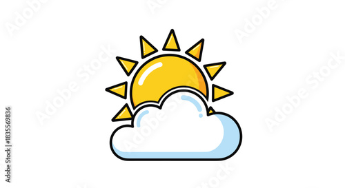 Cute and simple cartoon weather icon showing a bright yellow sun peeking from behind a fluffy white cloud, indicating partly cloudy conditions.