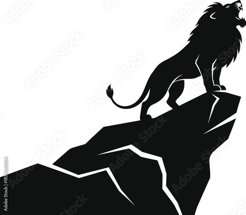 Majestic lion silhouette roaring dominantly from rocky outcrop inspiring power and royalty isolated on white background