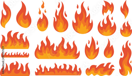 Cartoon flame illustrations, fire graphics, burning borders, stylized fire shapes, vector icons, red orange yellow gradient, heat effects
