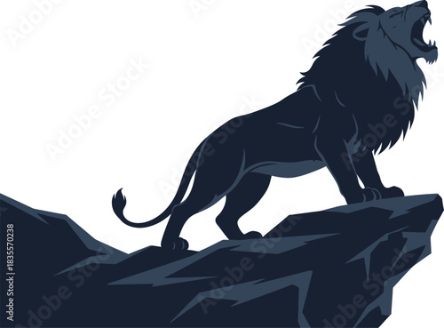 Majestic silhouette of a roaring lion standing proudly on a rocky outcrop against a bright sky isolated on white background