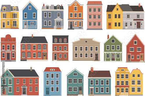 Cartoon house illustrations, residential architecture, colorful homes, vector buildings, urban design, gabled roofs, windows, doors, decorative trims