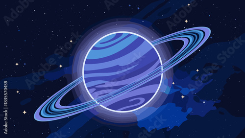 Cartoon-style illustration of a radiant blue purple striped ringed planet illuminating deep cosmic space