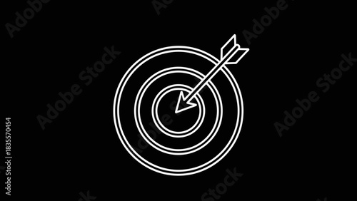 White outline target icon with arrow hitting bullseye symbolizing business success strategy goal achievement and precision