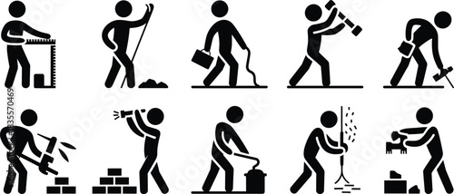 Construction worker silhouettes, manual labor icons, black vector, building tasks, tools, maintenance actions, cartoon tradespeople, job site