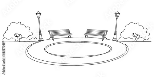 Simple outline illustration of a serene park setting with two empty wooden benches, lampposts, and lush bushes around a circular path. Vector, illustration