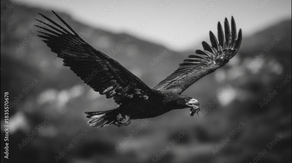 Obraz premium black and white photograph of an eagle in flight, with its wings spread wide, holding food in one talon, against the natural backdrop 