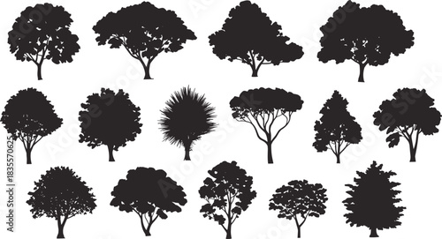 Tree silhouette icons, black vector trees, diverse foliage shapes, botanical design, nature elements, forest symbols, landscape art