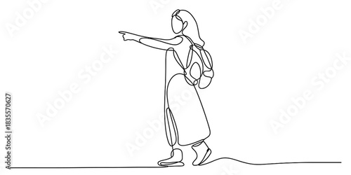 Continuous line art drawing of a young woman traveler with a backpack pointing forward, indicating direction, exploration, or future journey. Vector, illustration