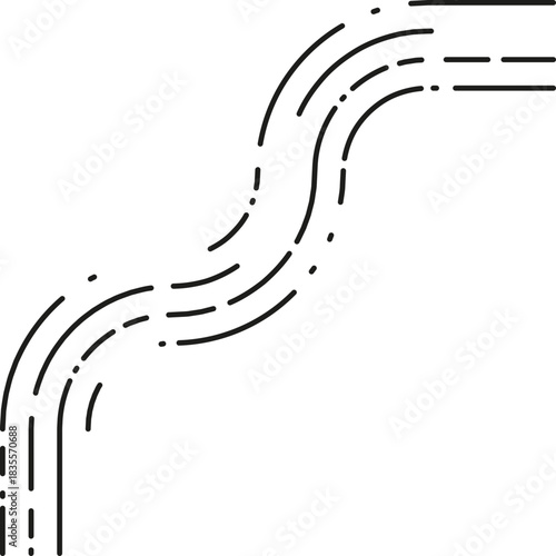Element presents a continuous dashed stream path shaped by uninterrupted flowing curves and softly shifting directional segments.
